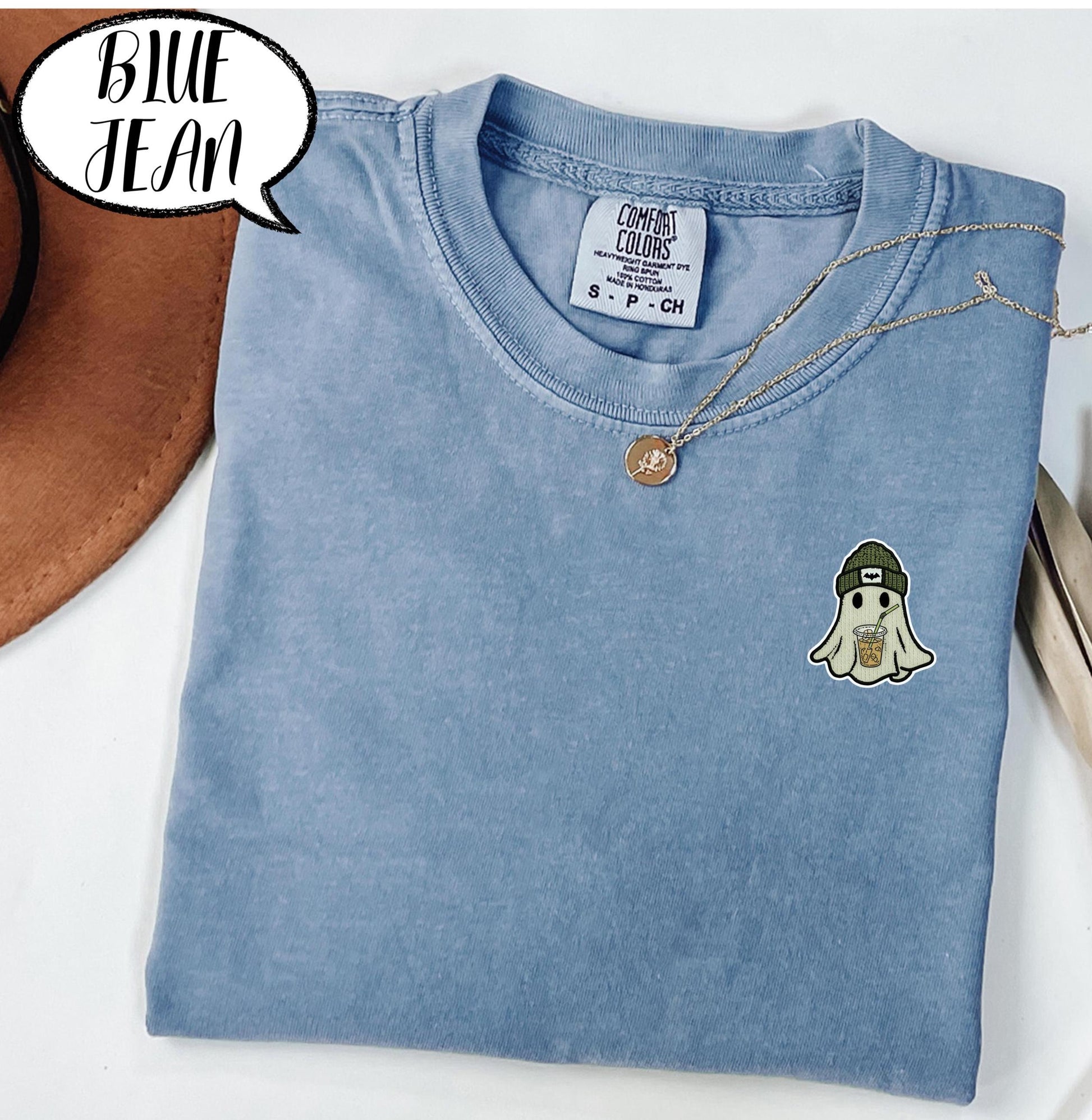 Comfort Colors® Embroidered Halloween Ghost Shirt, Spooky Season Tee, Minimal Pocket Ghost Top, Coffee Lover T Shirt, Cozy Fall Outfit