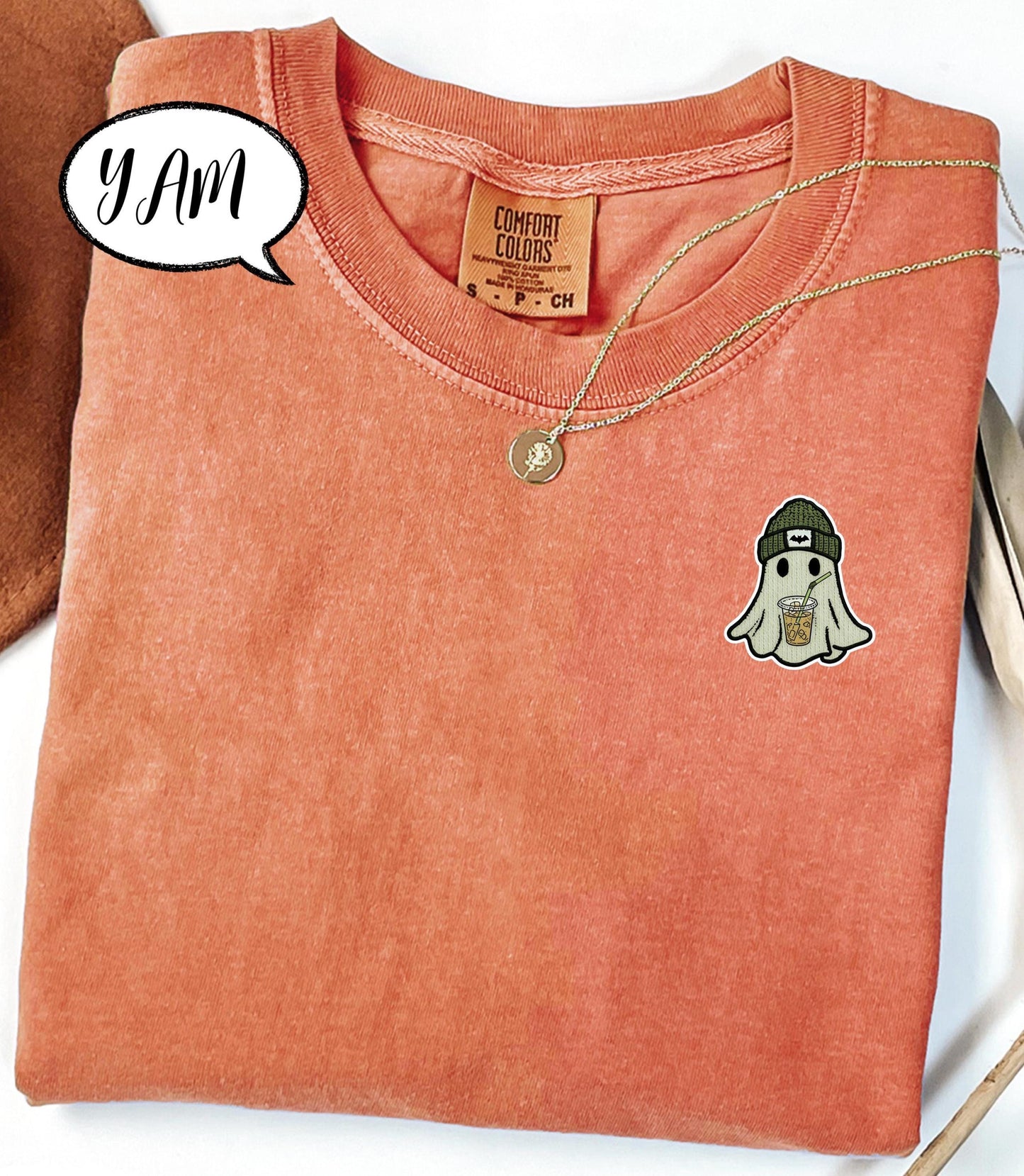 Comfort Colors® Embroidered Pocket Ghost Shirt, Cute Coffee Ghost T Shirt, Minimal Halloween Embroidery Top, Cozy Fall Spooky Season Tee