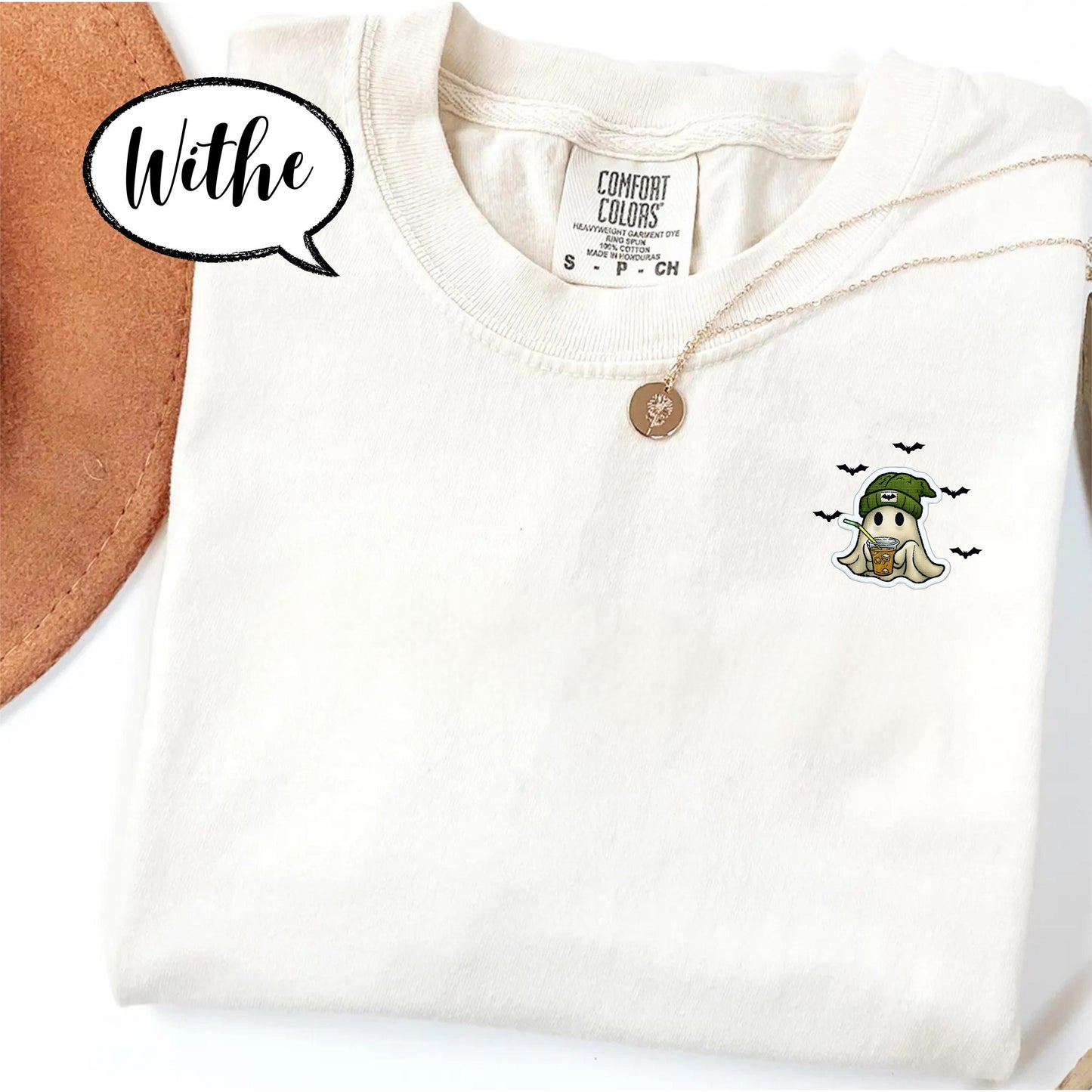 Comfort Colors® Embroidered Pocket Ghost Shirt, Cute Coffee Ghost T Shirt, Minimal Halloween Embroidery Top, Cozy Fall Spooky Season Tee