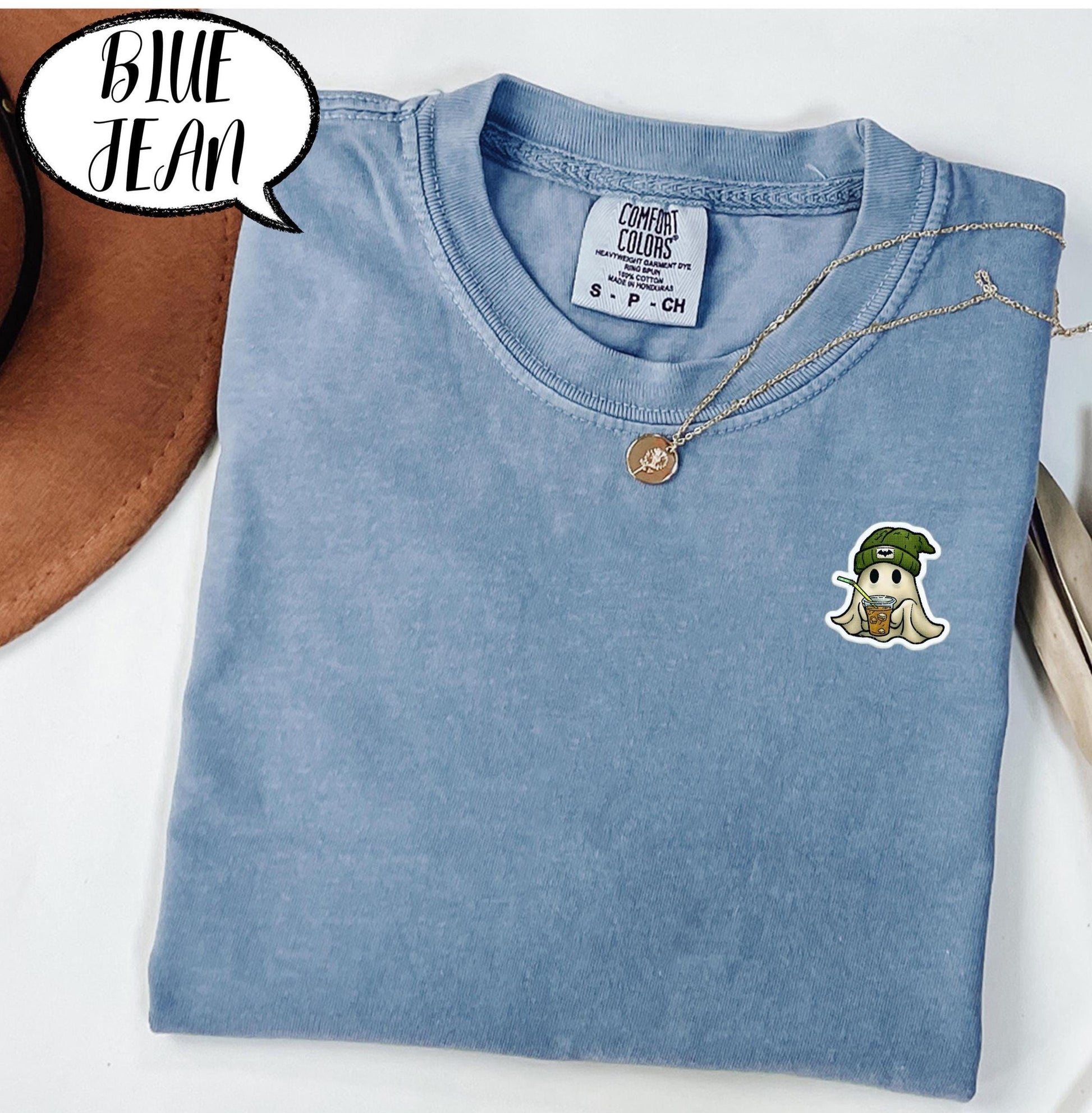 Comfort Colors® Embroidered Pocket Ghost Shirt, Cute Coffee Ghost T Shirt, Minimal Halloween Embroidery Top, Cozy Fall Spooky Season Tee