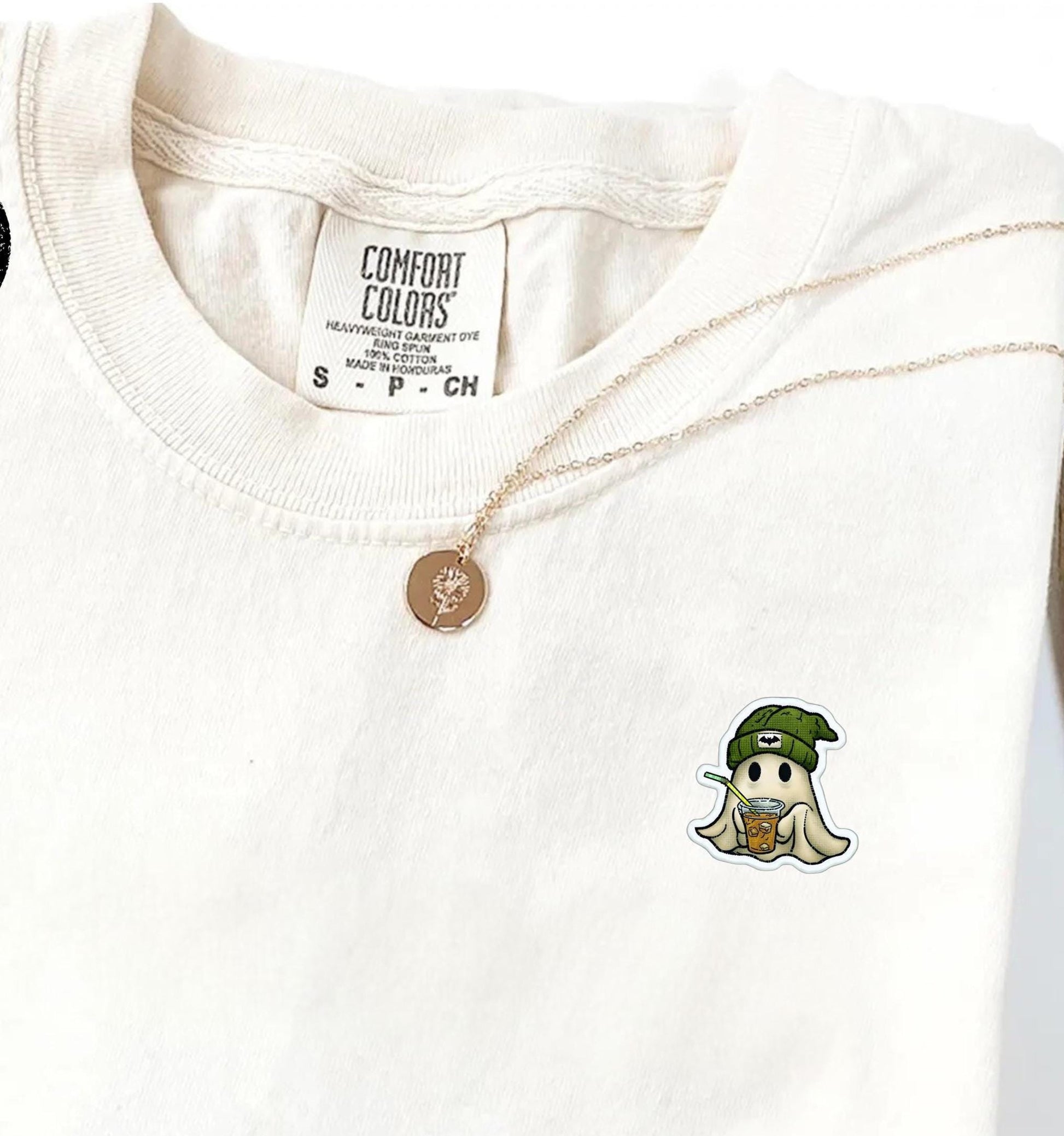 Comfort Colors® Embroidered Pocket Ghost Shirt, Cute Coffee Ghost T Shirt, Minimal Halloween Embroidery Top, Cozy Fall Spooky Season Tee