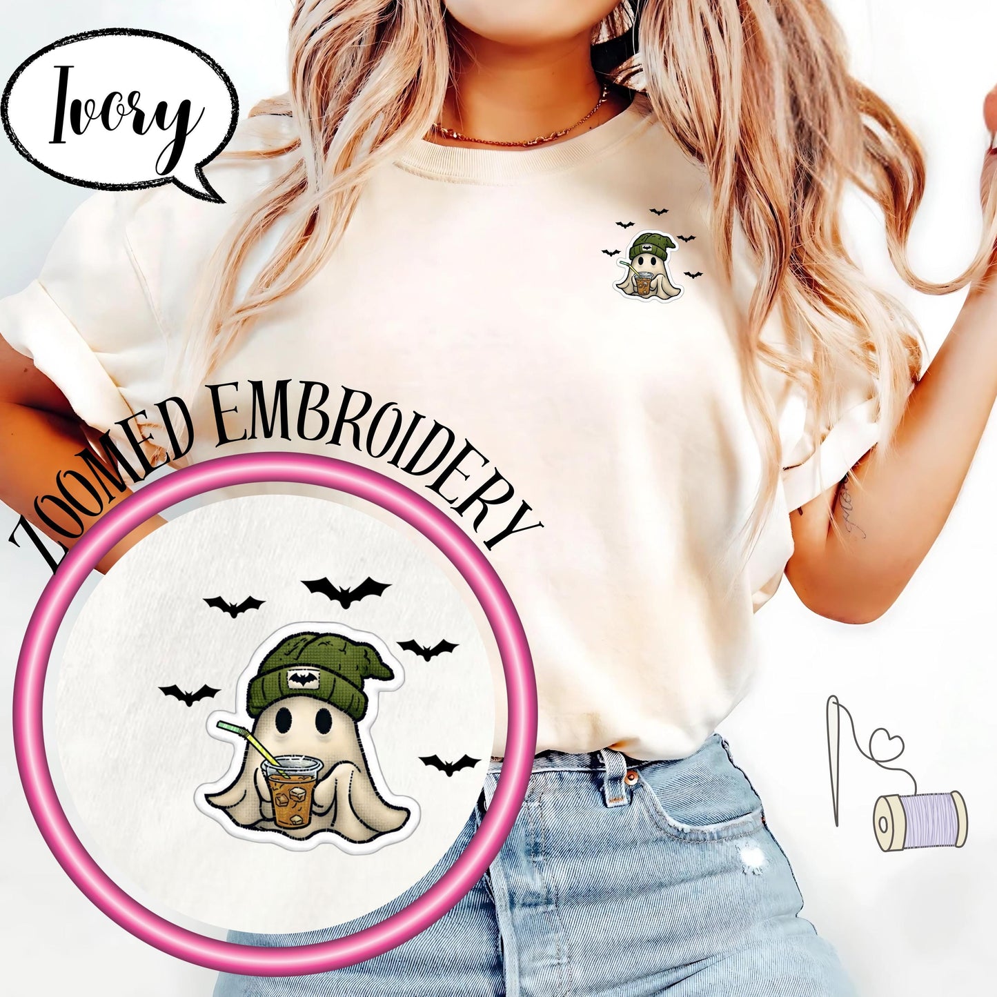 Comfort Colors® Embroidered Pocket Ghost Shirt, Cute Coffee Ghost T Shirt, Minimal Halloween Embroidery Top, Cozy Fall Spooky Season Tee