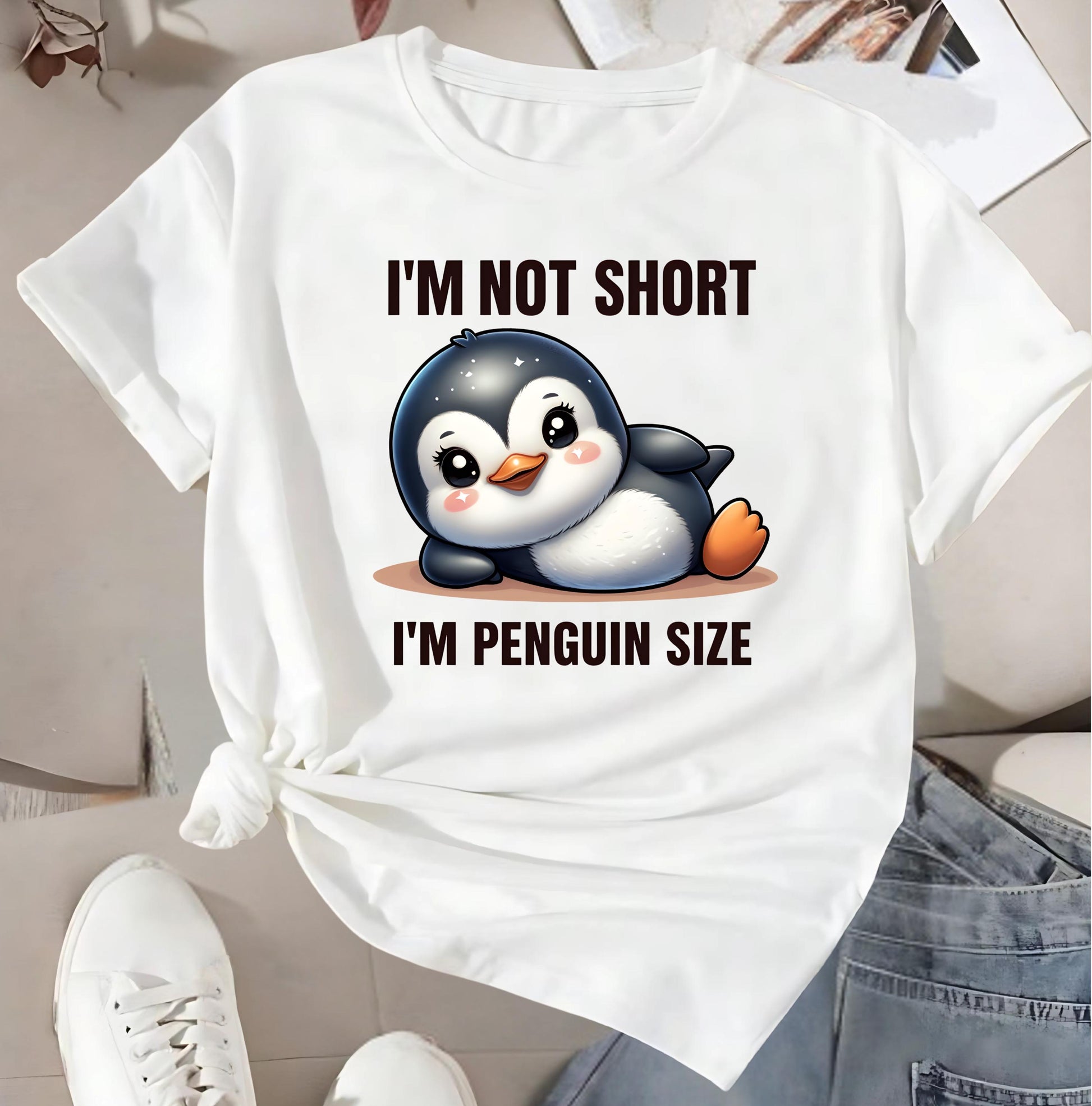 Im Not Short Penguin Size Funny T Shirt Cartoon Graphic Tee White Unisex Casual Top Penguin Lover Shirt Nerd Geek Style Gift For Him Her