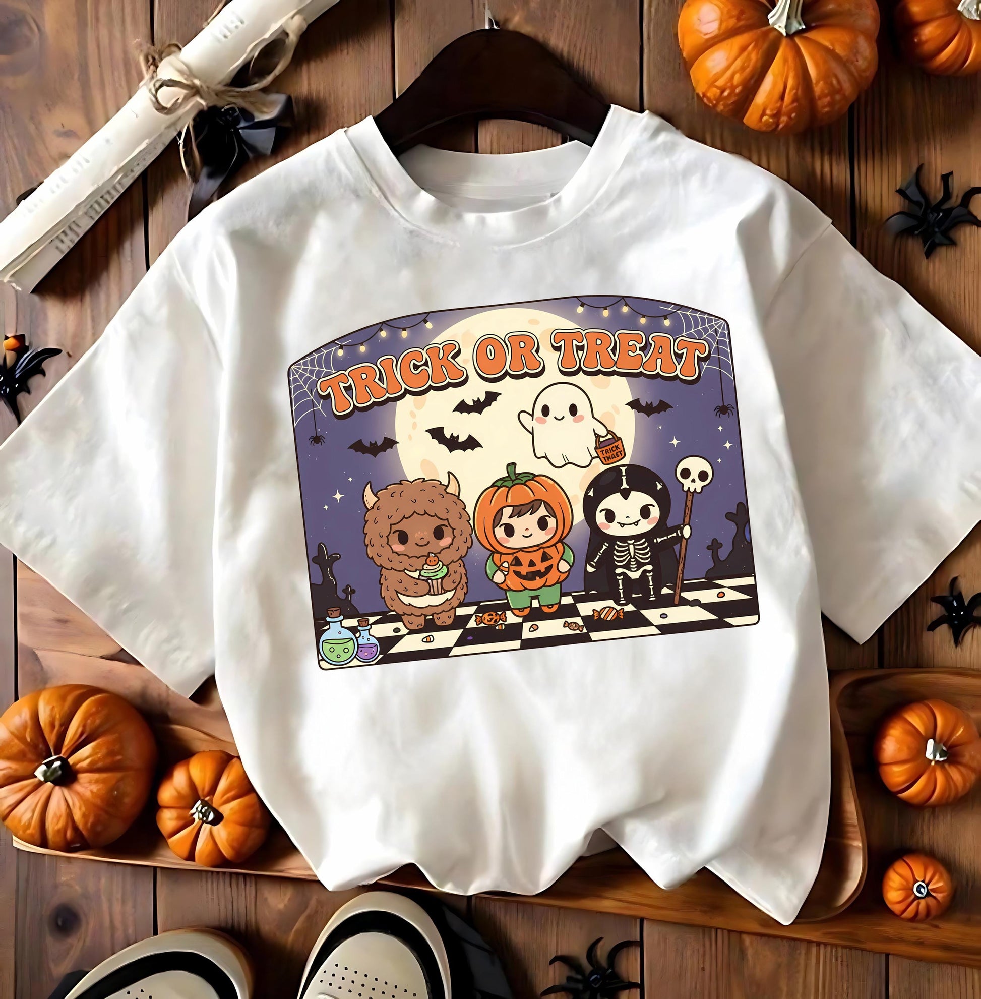 Kawaii Trick Or Treat T Shirt Cute Halloween Pumpkin Ghost Skeleton Monster Graphic Tee Unisex Spooky Labubu Shirt, Halloween,LaBubu Bunny