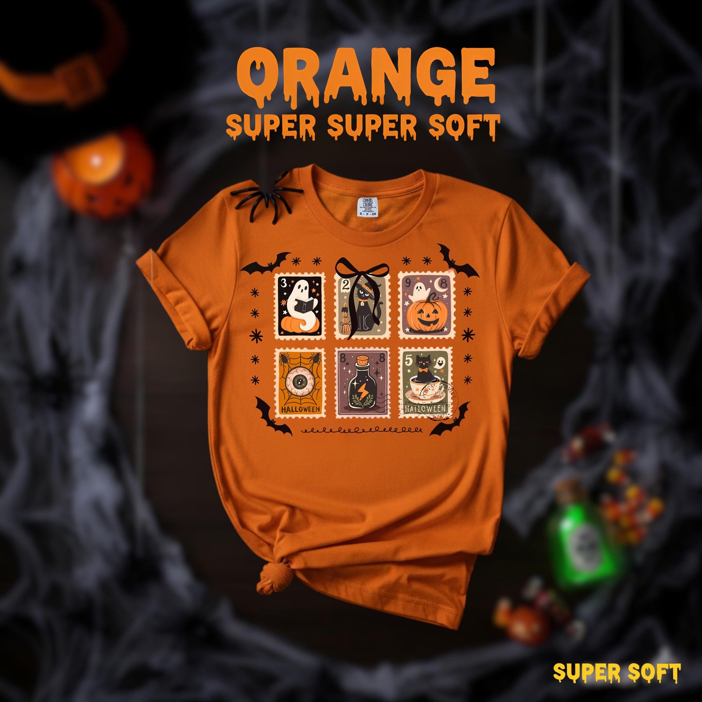 Halloween Stamps T Shirt Comfort Colors Espresso Super Soft Tee Ghost Pumpkin Witch Cat Potion Eye Graphic Unisex Spooky Season Gift