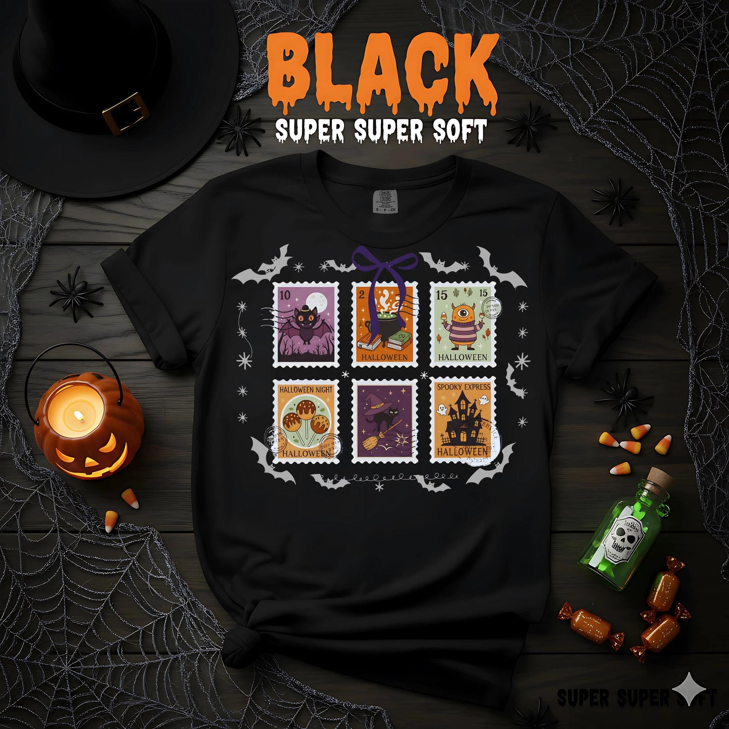 Comfort Colors Halloween T Shirt Pumpkin Orange Graphic Tee Spooky Stamps Bat Zombie Witch Haunted House Ghost Cat Potion Skeleton Gift