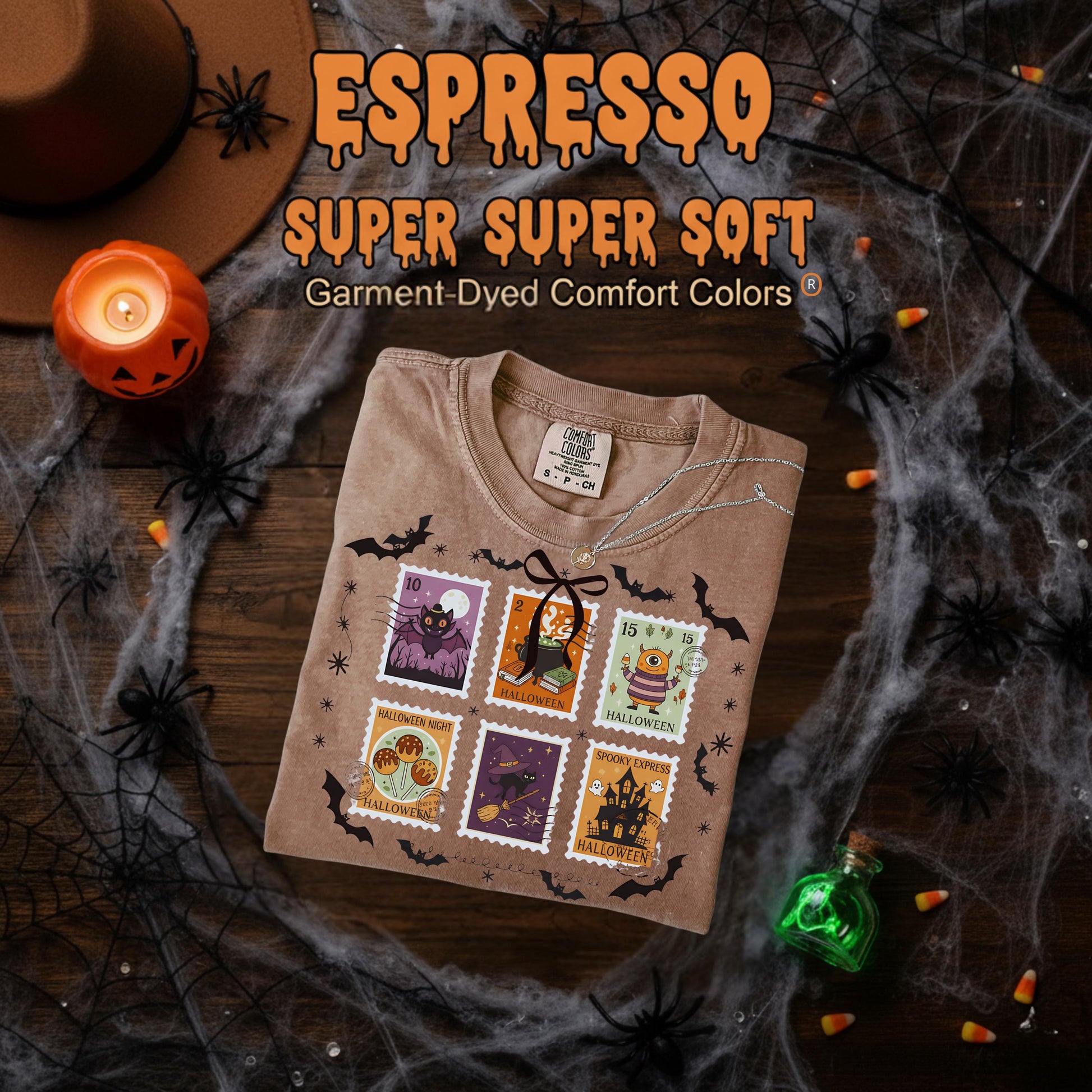 Comfort Colors Halloween T Shirt Pumpkin Orange Graphic Tee Spooky Stamps Bat Zombie Witch Haunted House Ghost Cat Potion Skeleton Gift