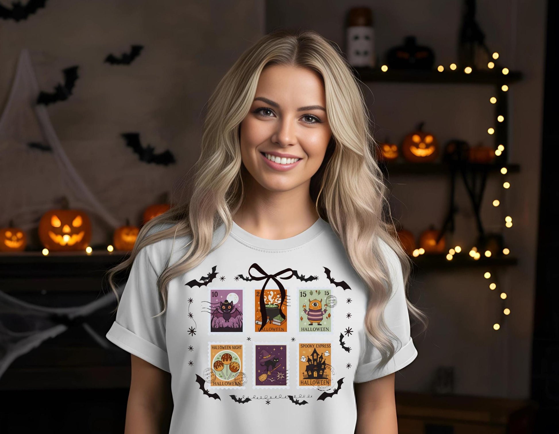 Comfort Colors Halloween T Shirt Pumpkin Orange Graphic Tee Spooky Stamps Bat Zombie Witch Haunted House Ghost Cat Potion Skeleton Gift