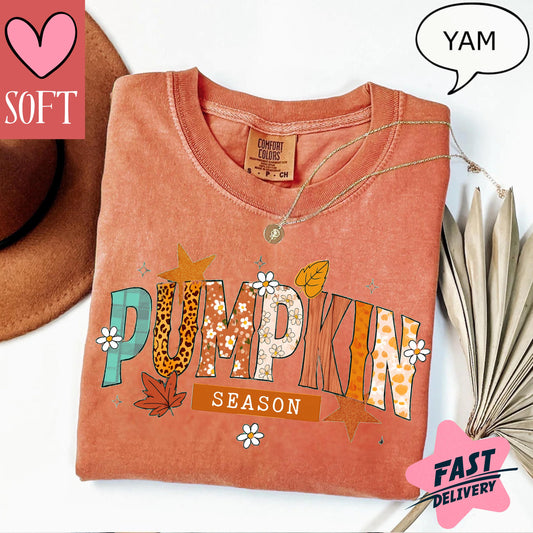 Comfort Colors Pumpkin Season Graphic Tee Vintage Retro Fall Shirt Autumn Leaves T Shirt Thanksgiving Outfit Spooky Season Top For Men Women