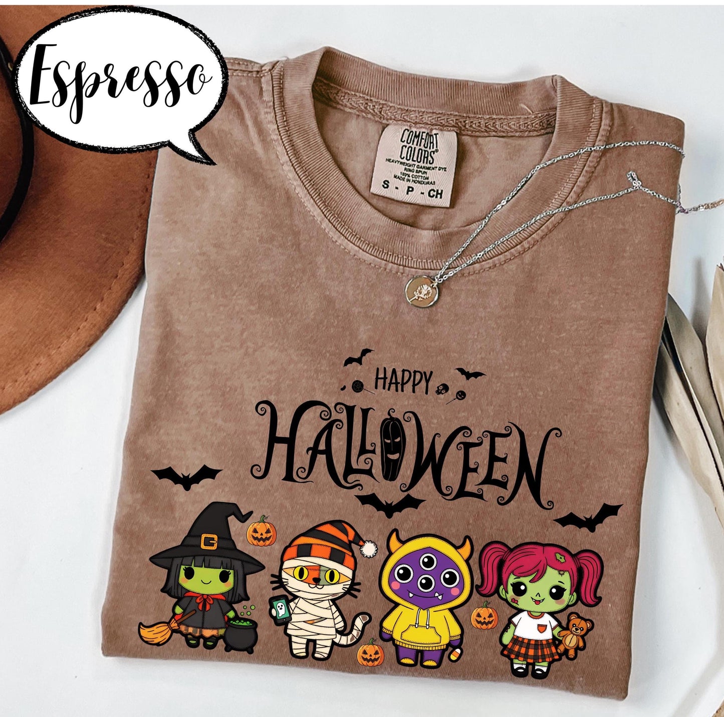 Comfort Colors® Happy Halloween Shirt, Spooky Season Tee, Cute Cartoon Witch and Mummy Top, Pumpkin Trick or Treat Graphic Shirt Unisex