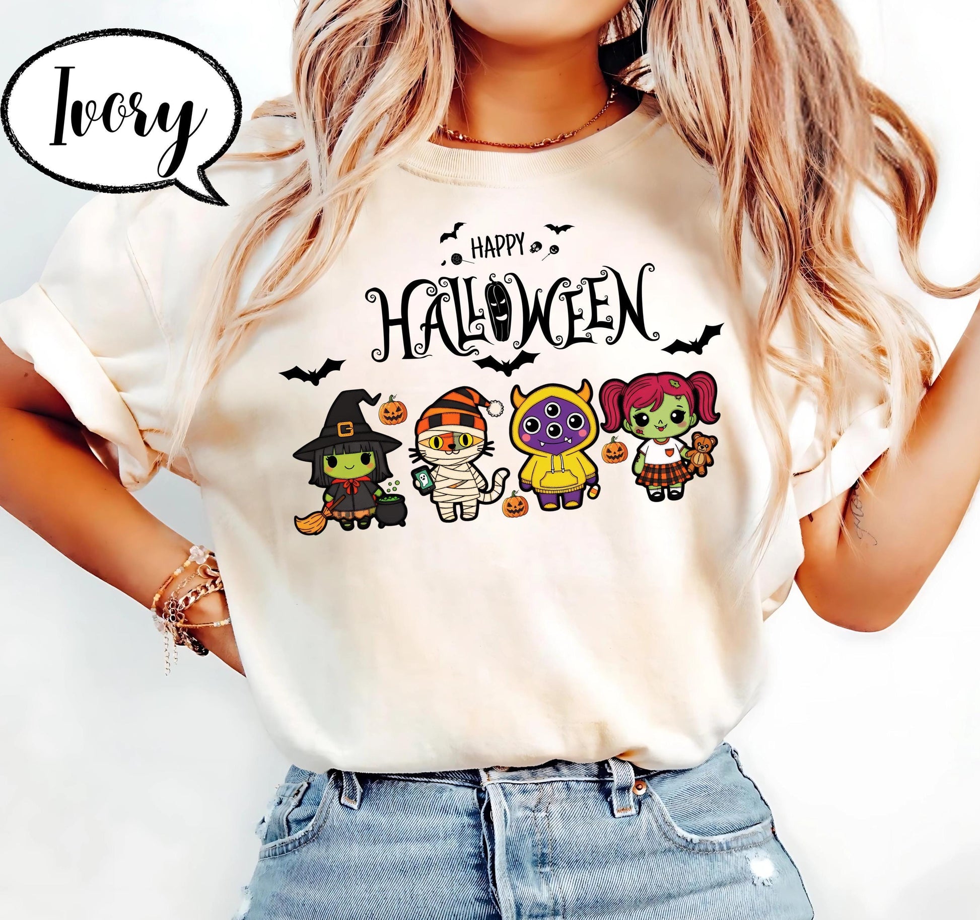 Comfort Colors® Halloween Costume Shirt, Spooky Season Tee, Cartoon Witch and Mummy Top, Pumpkin Trick or Treat Outfit, Fall Graphic Shirt
