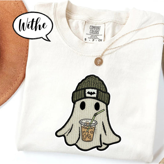 Comfort Colors® Halloween Ghost Shirt, Spooky Season Tee, Cute Ghost with Coffee Top, Cozy Fall Outfit, Retro Aesthetic Graphic Tee
