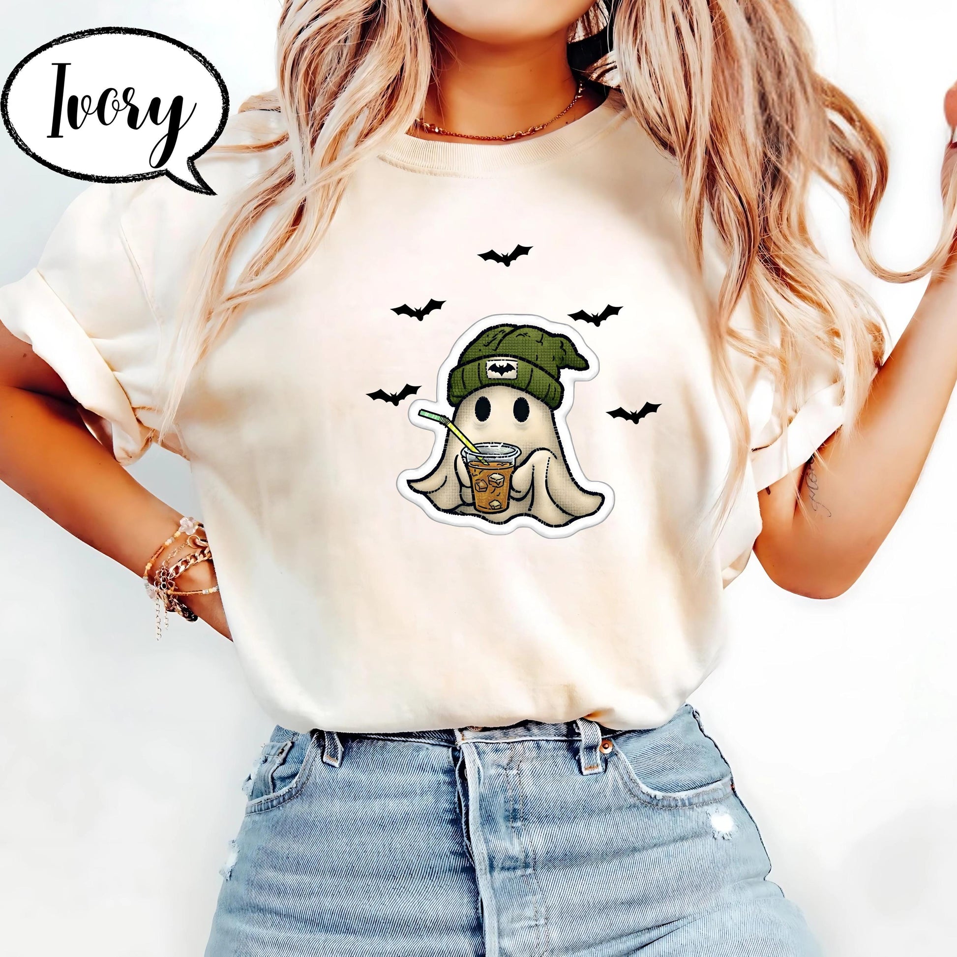 Comfort Colors® Ghost Shirt, Cute Halloween T Shirt, Spooky Season Tee, Iced Coffee Ghost Top, Fall Aesthetic Graphic Shirt Unisex