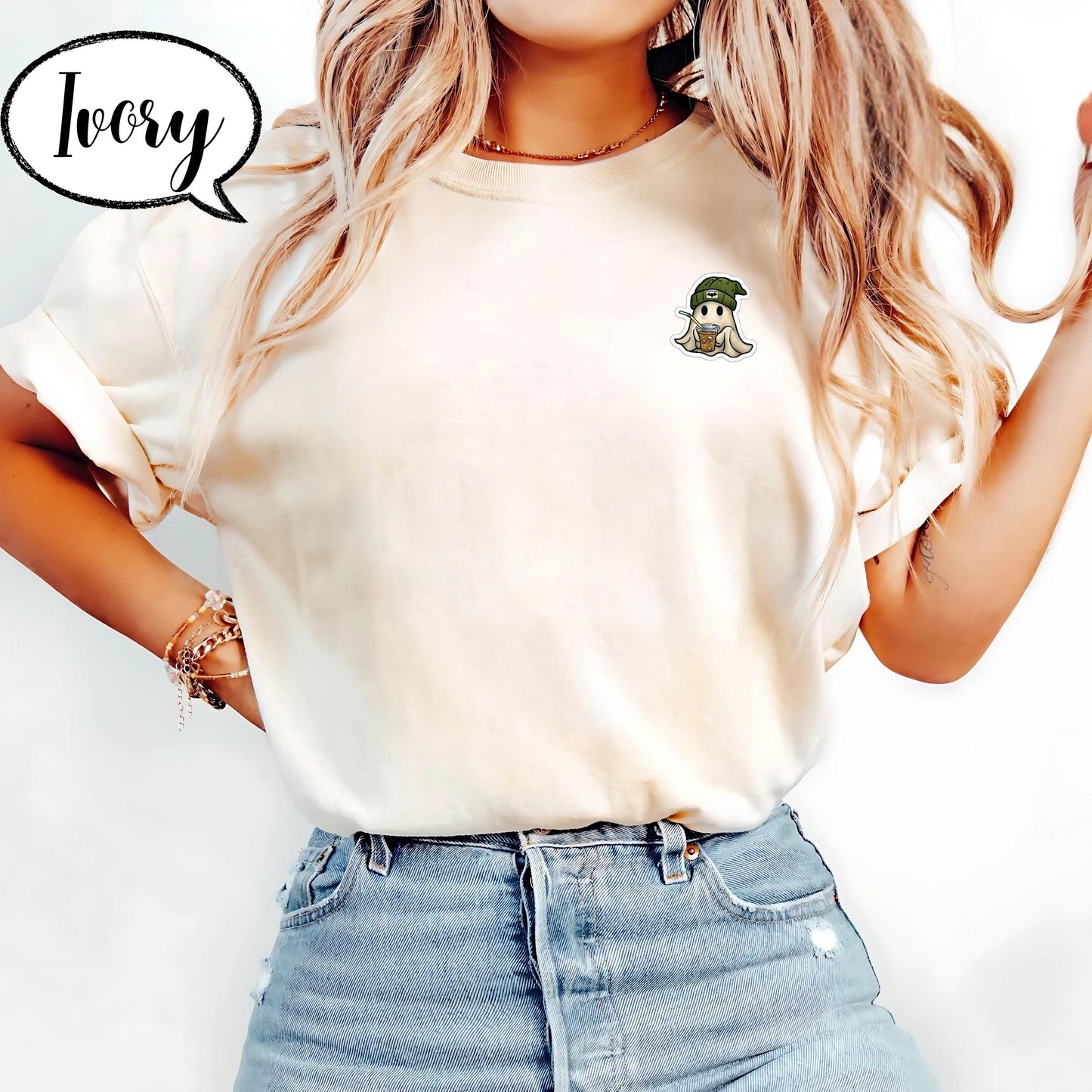 Confort Colors® Embroidered Ghost Shirt, Minimal Halloween T Shirt, Cute Coffee Ghost Pocket Top, Spooky Season Tee, Fall Graphic Shirt