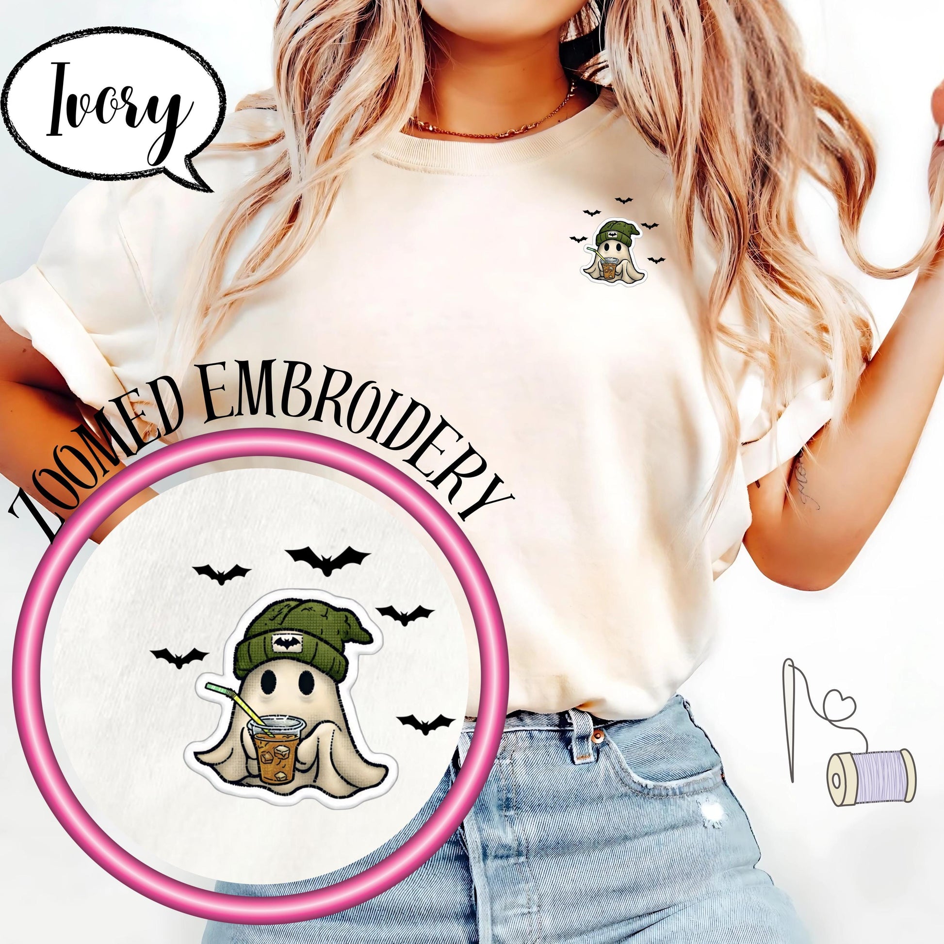 Comfort Colors® Embroidered Halloween Ghost Shirt, Spooky Season Tee, Minimal Pocket Ghost Top, Coffee Lover T Shirt, Cozy Fall Outfit