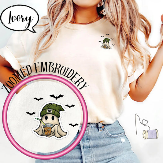 Comfort Colors® Embroidered Halloween Ghost Shirt, Spooky Season Tee, Minimal Pocket Ghost Top, Coffee Lover T Shirt, Cozy Fall Outfit