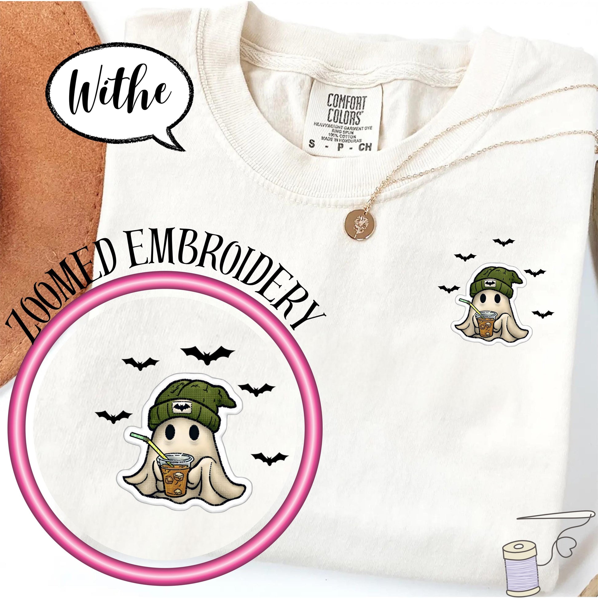 Comfort Colors® Embroidered Pocket Ghost Shirt, Cute Coffee Ghost T Shirt, Minimal Halloween Embroidery Top, Cozy Fall Spooky Season Tee