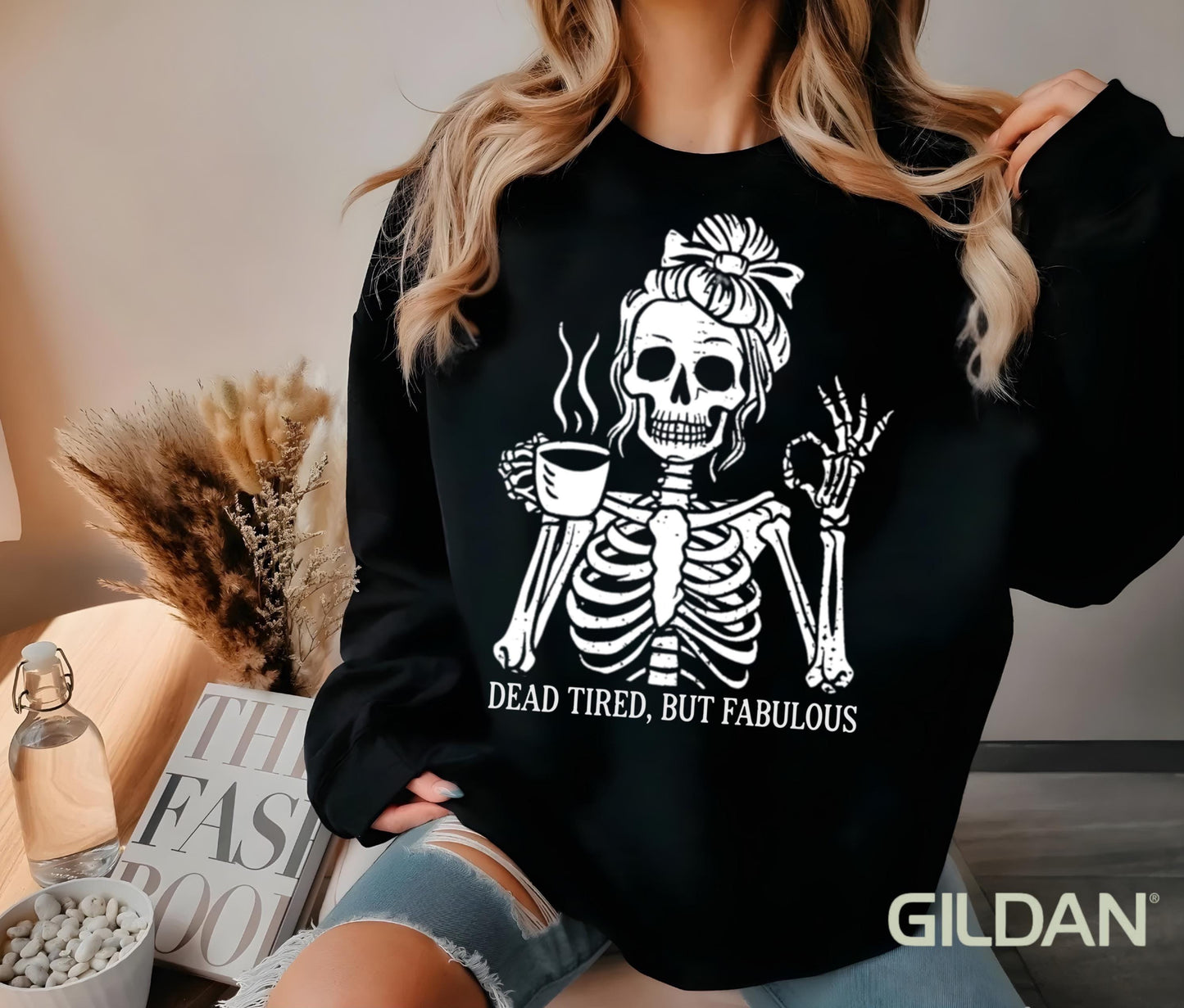 Messy Bun Drinking Coffee For Women Never Better Skeleton Sweatshirt, Funny Skeleton T-Shirt, Coffee Lovers Gift Skull retro Halloween Shirt